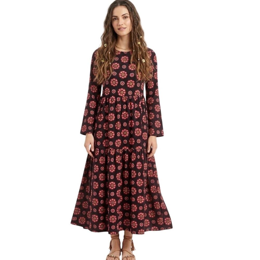 ASOS Floral Midi Dress Cottagecore Bohemian Red Pink Orange Tiered US 0 XXS